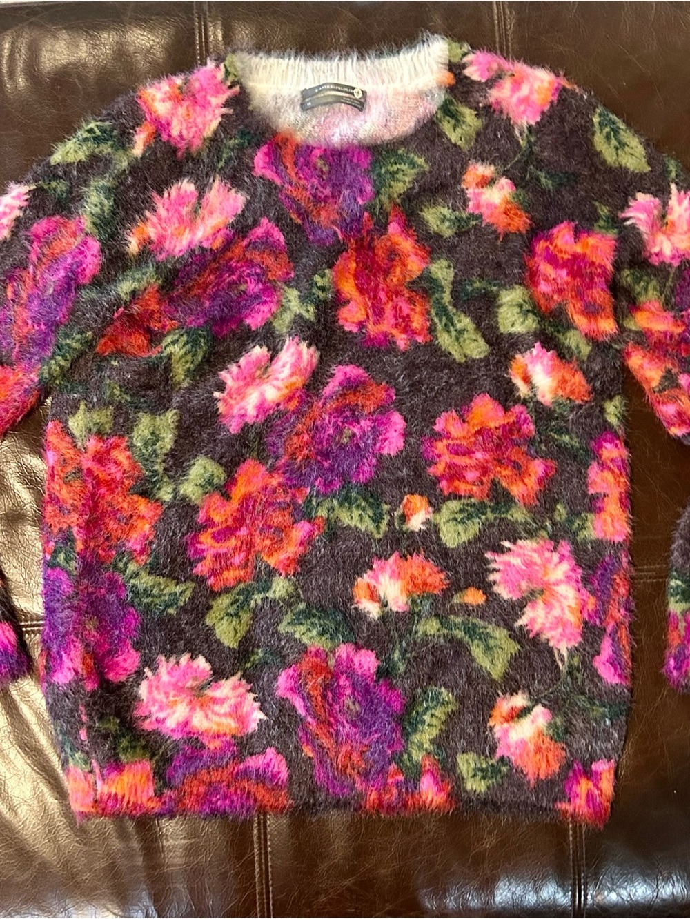 Anthropologie Floral Fuzzy Crewneck Sweater — Pink, Purple, Green